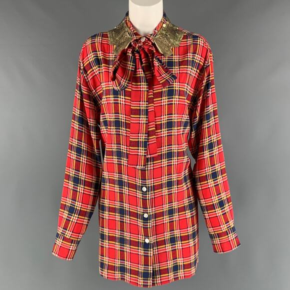 MARC JACOBS Size 8 Red Yellow/Blue Silk Plaid Long Shirt - Picture 1 of 1
